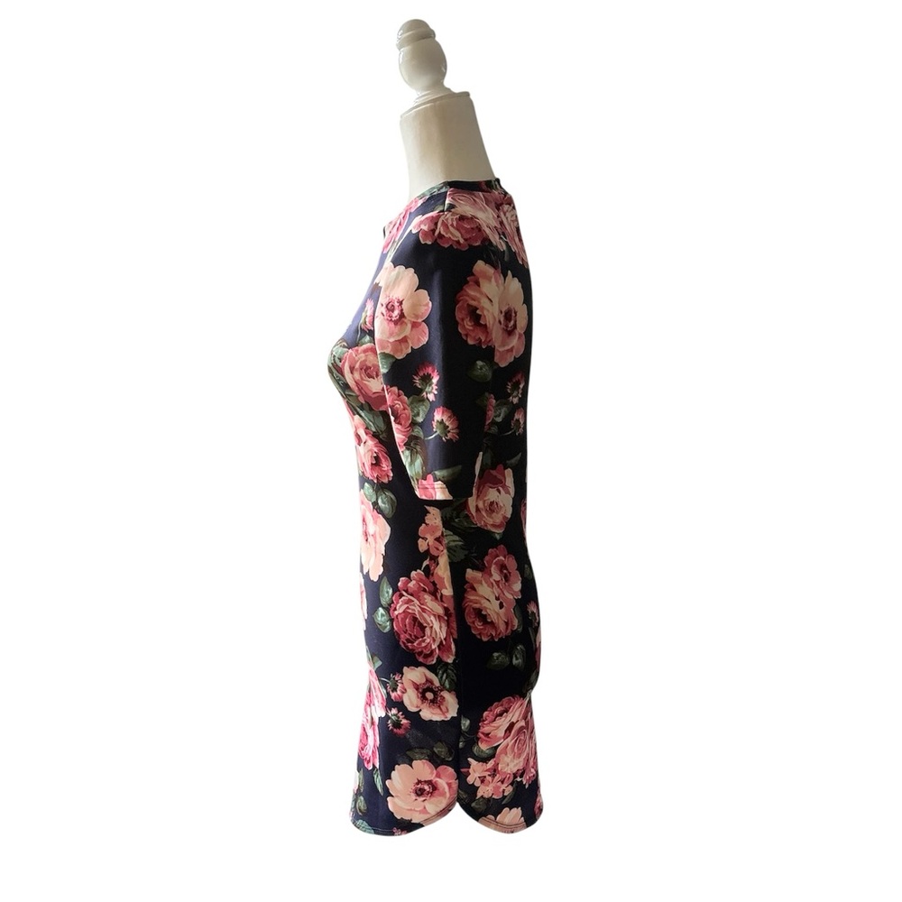 Floral Bodycon Dress Navy Pink Roses Half Sleeve Fitted Sheath Dress - Picture 4 of 9